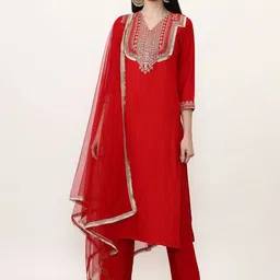 Jaipur Kurti Ethnic Motifs Embroidered Regular Straight Kurta with Trousers & Dupatta-picture-40