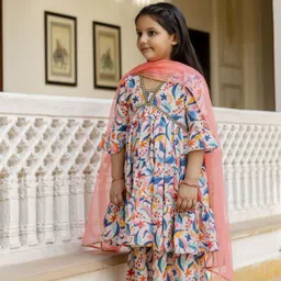 Cutiediva Girls Floral Printed Regular Pure Cotton Kurta with Sharara & With Dupatta image 2