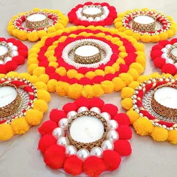 ctw Diwali Decorative Rangoli tealight set Diya set for Ganpati Pooja /diwali Wool 9 - Cup Candle Holder Set image 1