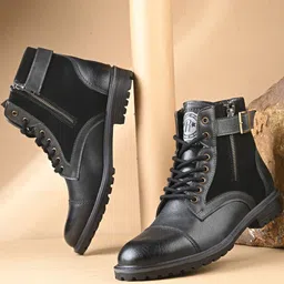 Roadster Men Black Causal Solid Biker Round Toe Rugged Synthetic Lace-Ups Boots-image-15