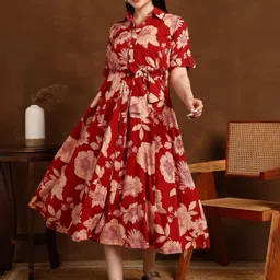 ADYASAA THE LABEL Floral Print Shirt Collar A-Line Midi Dress-picture-12