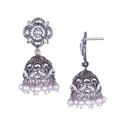 DIVASTRI Silver-Plated Artificial Stones Studded And Beaded Dome Shaped Oxidised Jhumkas image 3