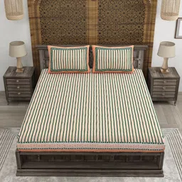 CLOTHOLOGY Orange Colored Striped Pure Cotton 180 TC King Bedsheet Set 2.75 m x 2.25 m image 5