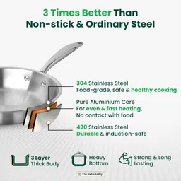 the indus valley Triply Stainless Steel Fry Pan with Long handle - 8.7 inch Fry Pan 22 cm diameter with Lid 1.5 L capacity image 4