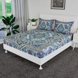 RUBOXA Blue & White Floral 144 TC King Bedsheet with 2 Pillow Covers-picture-23