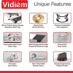 vidiem GS S3 195 A Vector Plus 3 Burner Stainless Steel Gas Stove, Silver, Manual Stainless Steel Manual Gas Stove image 5