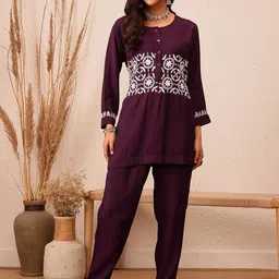 ADA Floral Embroidered Round Neck Chikankari Tunic with Trousers-picture-29