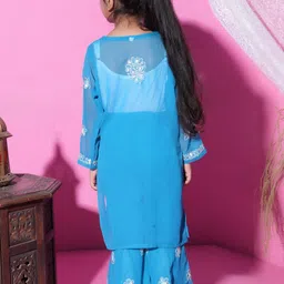 KHAKA Girls Ethnic Motifs Embroidered Thread Work Georgette Kurta With Sharara & Dupatta image 5