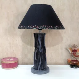 disoo fashions Handmade Vase Design Distress Rustic Tree Log Finish Wooden Lamp with Cotton Shade (Grey & Black) image 3