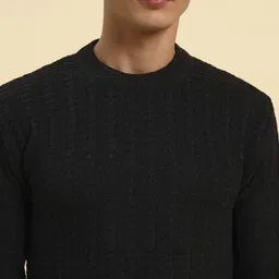 hermiston Men Striped, Self Design Crew Neck Black Sweater image 3