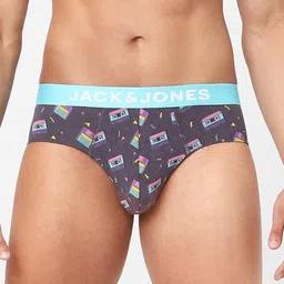 Jack & Jones Men Grey & Blue Printed Cotton Basic Briefs image 1