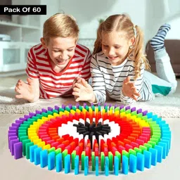 ladwa 60 Pcs Super Dominos Blocks, 12 Color Bulk Wooden Dominos Blocks Set, Kids Game Educational Play Toy, Domino Racing Toy Game (12 Colors, 5 Dominos Blocks Each Color) image 1