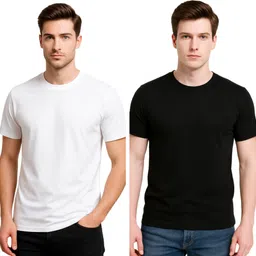 styloketh Men Solid Round Neck Polyester White, Black T-Shirt image 1