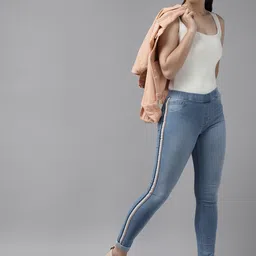 UTH by Roadster Girls Navy Blue Washed Stretchable Denim Jeggings with Side Taping Detail-image-33