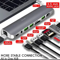 gripp POWERUP 9-in-1 USB Type C to USB 2.0 Type A, USB Type C, 3.5mm Stereo, USB 3.0 Type A, SD Card Slot, TF Card, HDMI, LAN Port Multi-Port Adapter (Built-in Multi Protection, Space Grey) image 2