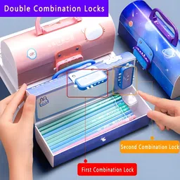 vvn Trandy Blue Space-Themed Design Password Code Lock Multi-Layer Compartments Suitcase Style Design Password Lock Cartoon Art Durable Plastic Construction Art Plastic Pencil Box image 3
