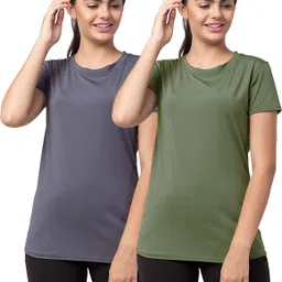 udi n adi Pack of 2 Women Solid Round Neck Polyester Grey, Dark Green T-Shirt-picture-22