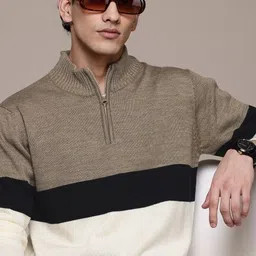 roadster Men Colorblock Collared Neck Beige Sweater-picture-23