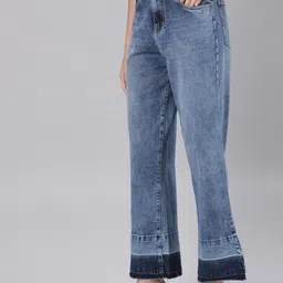 ZHEIA Women Blue Wide Leg High-Rise Heavy Fade Cotton Jeans image 3