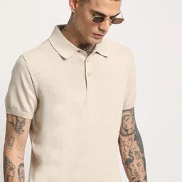 the bear house Men Solid Polo Neck Pure Cotton Beige T-Shirt-picture-15