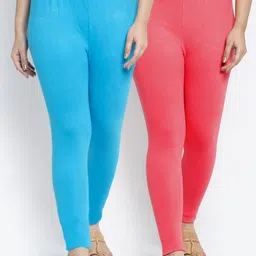 Jinfo Women Pack Of 2 Peach & Blue Solid Ankle-Length Leggings-picture-14