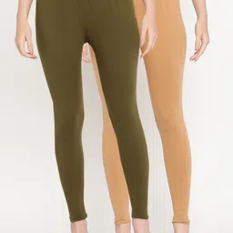 TAG 7 Women Pack Of 2 Olive Green & Beige Solid Comfort-Fit Ankle-Length Leggings-image-98