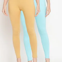 TAG 7 Women Pack Of 2 Beige & Turquoise Blue Solid Ankle-Length Leggings-image-78
