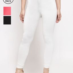 GRACIT Women Pack Of 3 Black, White & Peach Solid Ankle-Length Leggings-picture-37
