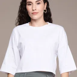 roadster Women Solid Round Neck Pure Cotton White T-Shirt image 3