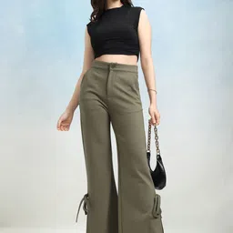 tokyo talkies Women Flared Green Cotton Blend Trousers image 3