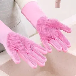 Silicon Gloves with Wash Scrubber Reusable Heat Resistant Kitchen Tool for Clean Wet and Dry Glove-image-3
