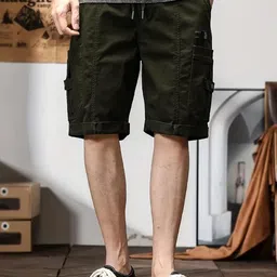 madhavista Solid Men Dark Green Cargo Shorts image 4