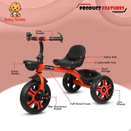 baby smile Tricycle with Dual Storage Basket | Red wheels and Seatbelt BS-BST-03-RED Tricycle image 4