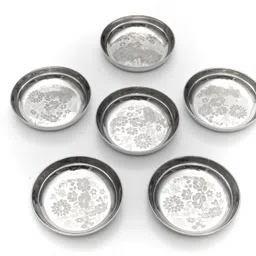 Premium Collection Stainless Steel Halwa Plate Dish/Small Halwa Plates with Superior Mirror Finish/Permanent Laser Print Floral Design Dessert Serving Pudding Plate, 11 Cm Dia (Set of 6) Chutney Plate-image-17