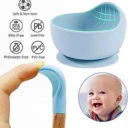 jdssales Silicone Baby Food Dish and Bowl with Wooden Handle Spoon,(Green 3 PCS Set)- Silicone image 4