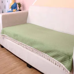 stitchnest Olive Solid Velvet 2 Seater Quilted Sofa Cover (Protector) with Tassel image 1