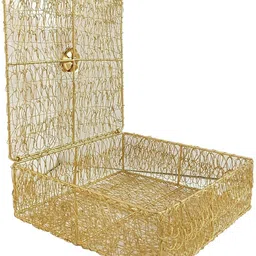 jm international Golden Wire Hamper Basket 10" with Lid – Gift Storage Organizer Iron Fruit & Vegetable Basket image 2