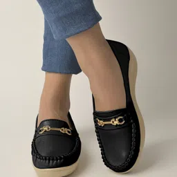 shoetopia Stylish Comfortable Upper Metalic Buckle Detailed Black Loafers For Girls Loafers For Women-picture-17
