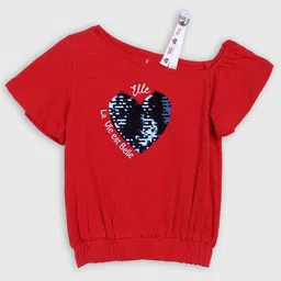 ELLE Red Embellished One Shoulder Flared Sleeves Pure Cotton Regular Top-picture-39