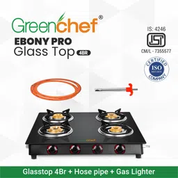 greenchef Ebony Pro 4BR ( Hose Pipe + Lighter ) Glass Manual Gas Stove image 5