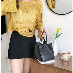 crample Casual Regular Sleeves Self Design Women Yellow Top image 4