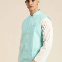 SOJANYA Men Blue Woven Design Cotton Linen Nehru Jacket image 5