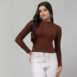 style prezone Casual Regular Sleeves Solid Women Brown Top-picture-29