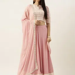 Ethnovog Off White  Pink Embroidered Made to Measure Lehenga  Blouse With Dupatta image 1