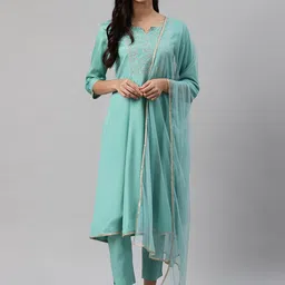 Biba Women Sea Green Yoke Design Kurta with Trousers & Dupatta-picture-31