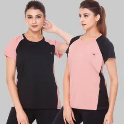 white moon Pack of 2 Women Colorblock Round Neck Polyester Multicolor T-Shirt-picture-21