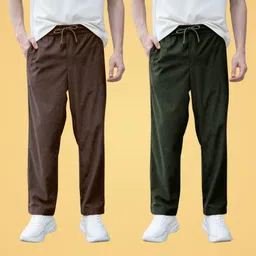 Pack of 2 Men Solid Brown, Dark Green Track Pants-image-0