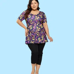 muhuratam Womens Purple-Black Colour Floral Print Nylon Plus Size Swim Suit Self Design Women Swim-dress Purple Swimsuit-picture-14