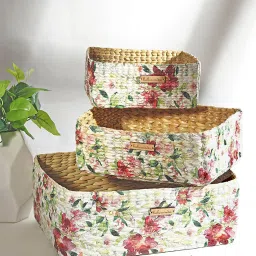 habereindia Multicolor Natural Fibre Set of 3 Organiser Tray and Storage Basket image 1