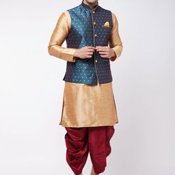 VASTRAMAY Mandarin Collar Kurta with Dhoti Pants & Woven Design Nehru Jacket-picture-43
